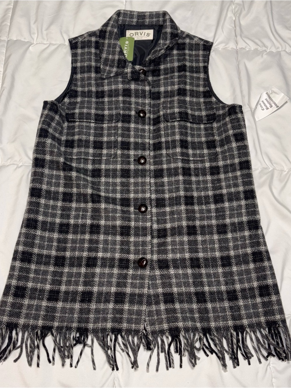 Vintage ORVIS Vest With Fringe Womens Size 8 Wool Gray plaid NWT
